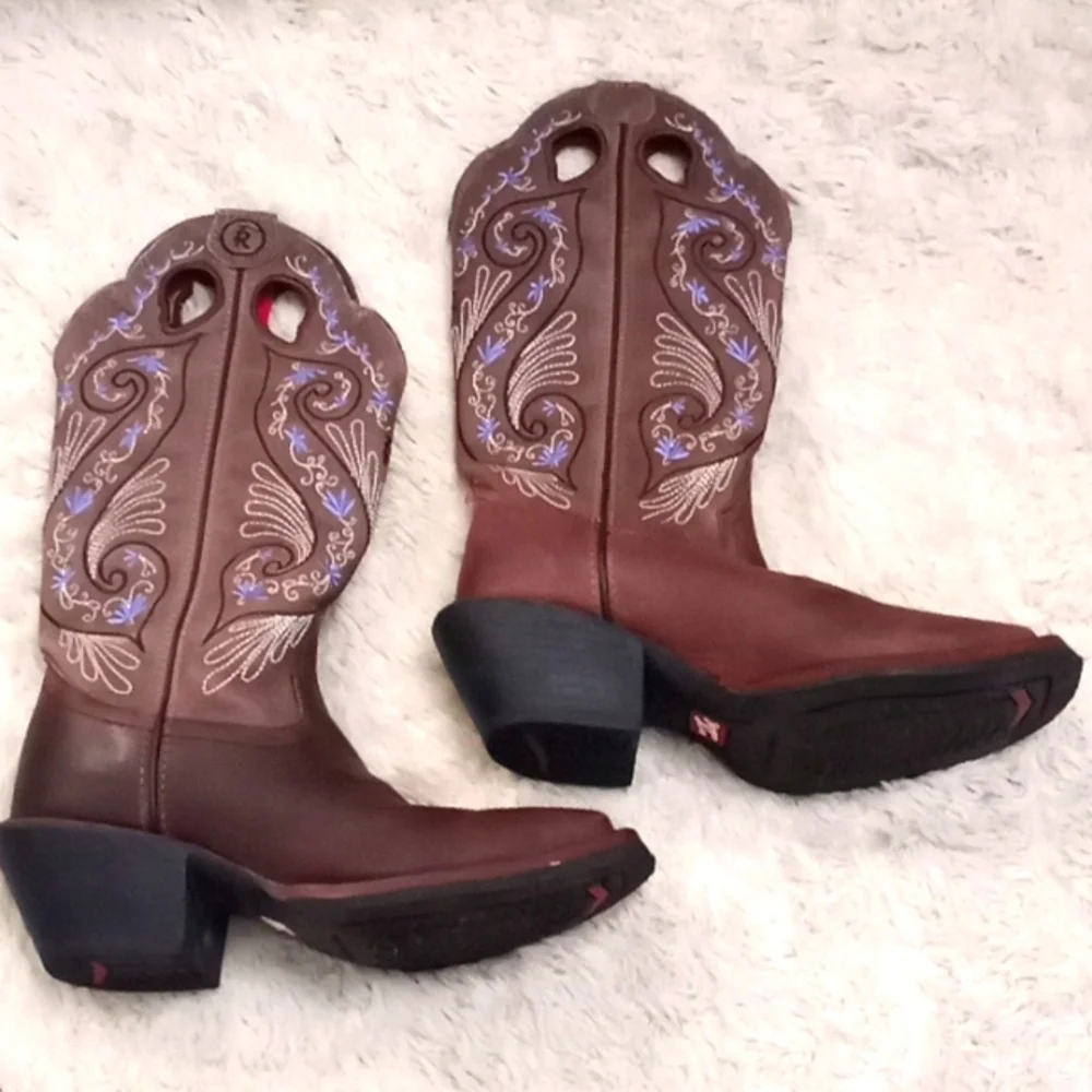 Tony Lama Deadstock Leather Purple Floral Tooled Western Cowboy Boot
